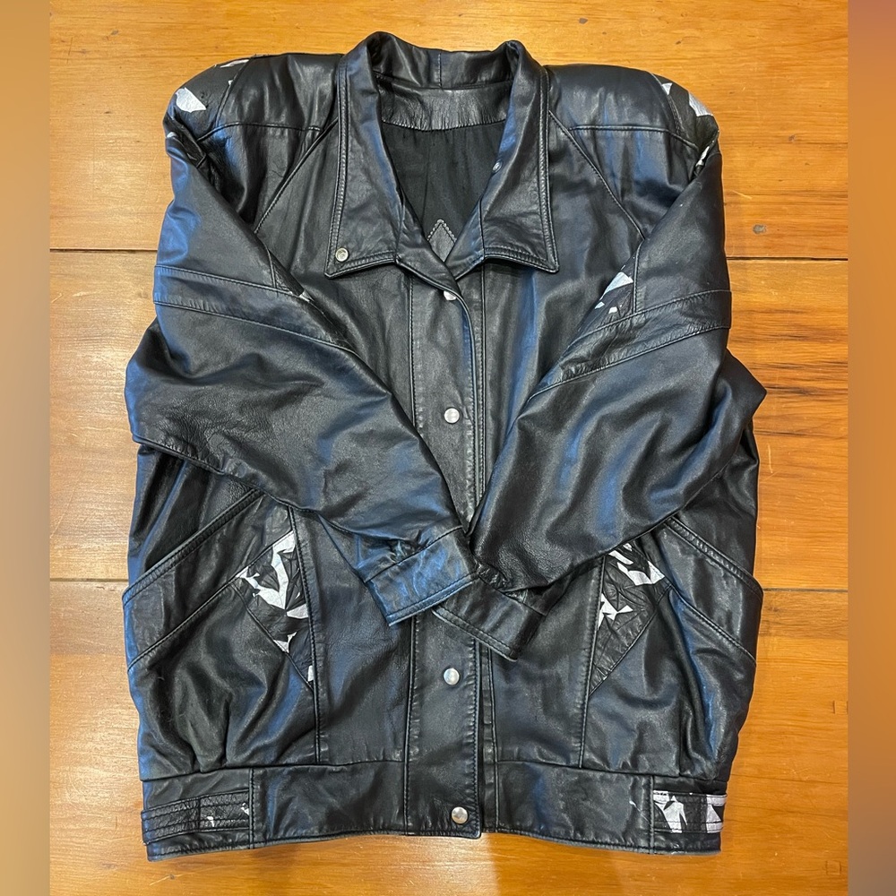 Vintage 80s Unisex Black Distressed Leather Moto Jacket With Silver Details XL